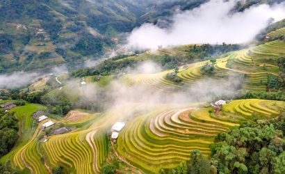 Vue aérienne spectaculaire des rizières en terrasses d'Hoang Su Phi serpentant à travers les montagnes enveloppées de brume.