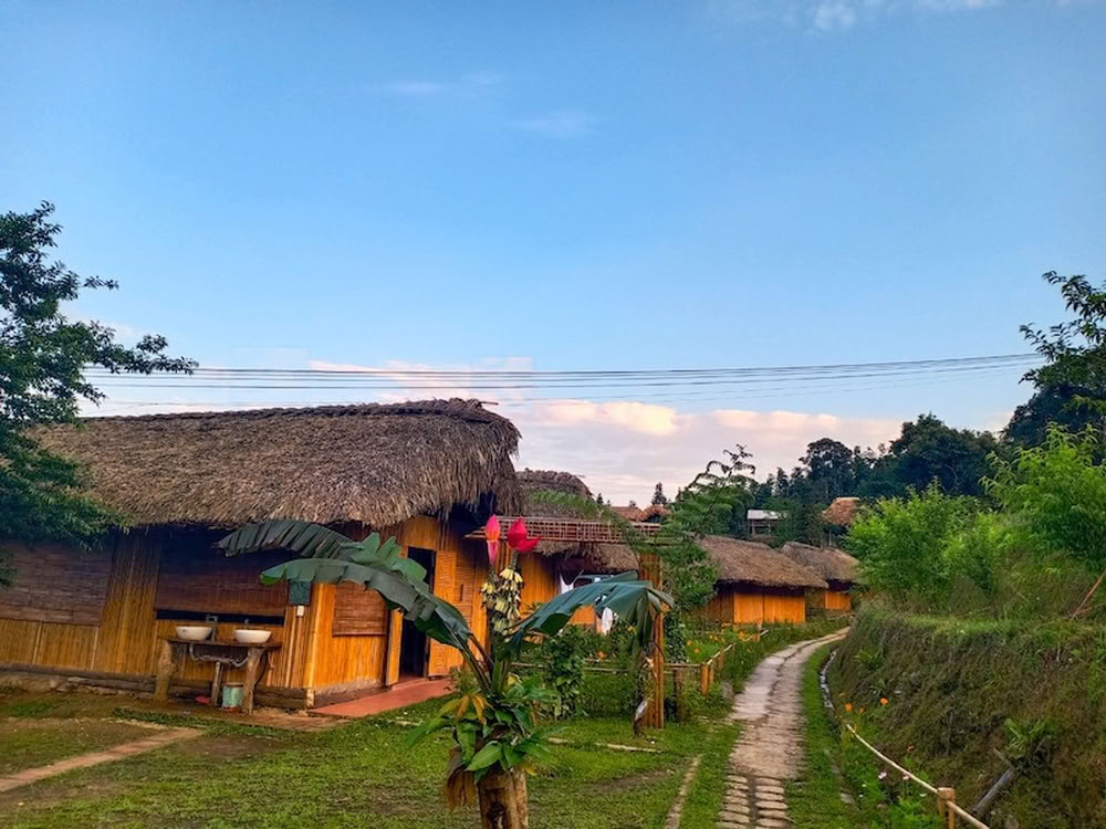 Des bungalows écologiques en bambou et toit de chaume bordant un chemin paisible à Hoang Su Phi.